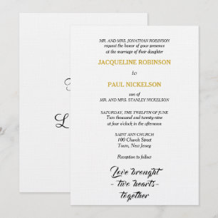 Invitación Boda elegante negro blanco dorado dos corazones