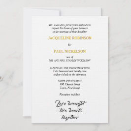 Invitación Boda elegante negro blanco dorado dos corazones
