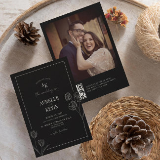 Invitación Boda elegante negro rústico floral con código QR e
