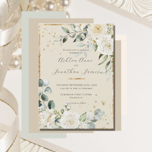 Invitación Boda elegante neutral de oro de rosas blancas