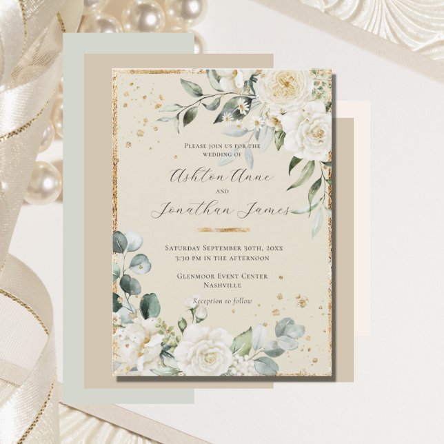 Invitación Boda elegante neutral de oro de rosas blancas (Subido por el creador)