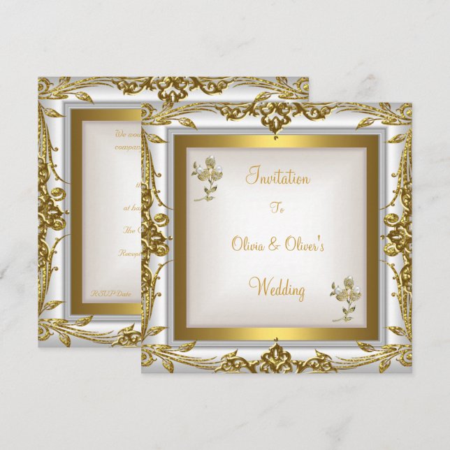 Invitación Boda elegante ornada floral blanco oro (Anverso / Reverso)