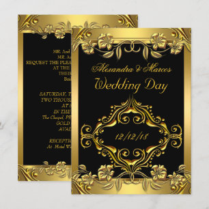 Invitación Boda elegante ornada floral negro oro