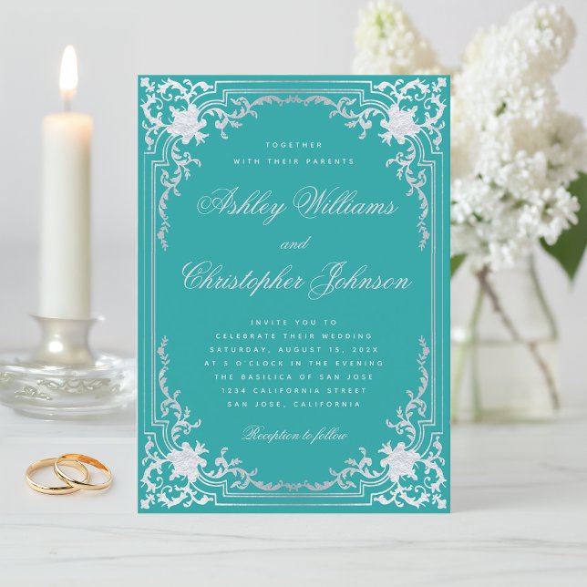 Invitación Boda elegante ornato Verde azulado Faux Silver Vin (Subido por el creador)