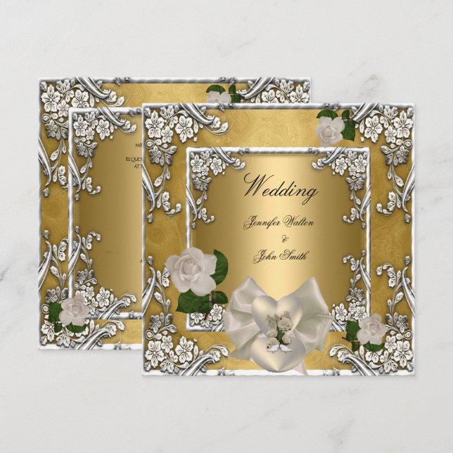 Invitación Boda elegante oro crema rosa plata (Anverso / Reverso)
