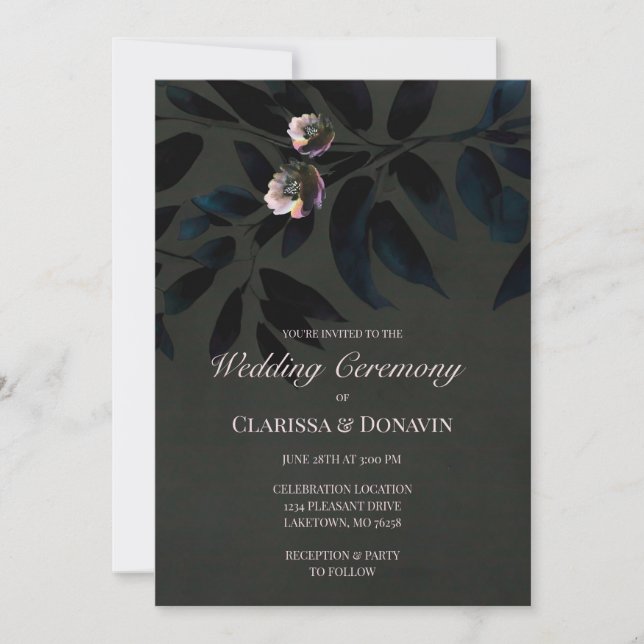 Invitación Boda Elegante Oscura Boho Floral Hojas (Anverso)