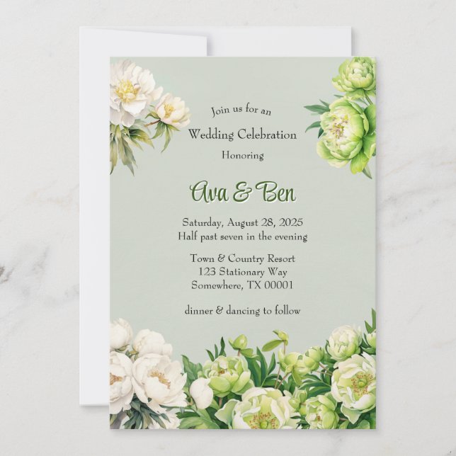 Invitación Boda elegante Peony Verde y Blanca (Anverso)