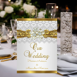 Invitación Boda elegante perla blanca encaje floral dorado