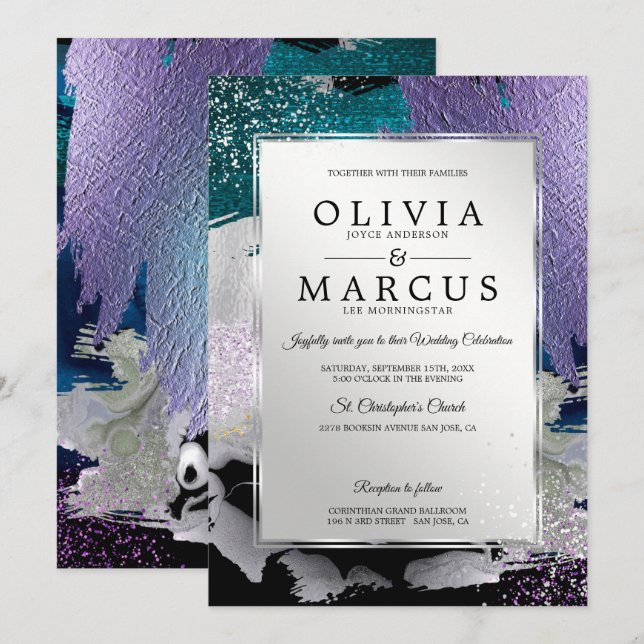 Invitación Boda | Elegante pincel plateado (Anverso / Reverso)