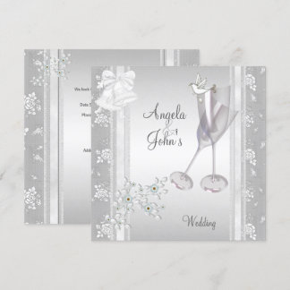 Invitación Boda Elegante Plata Blanco Encaje Floral