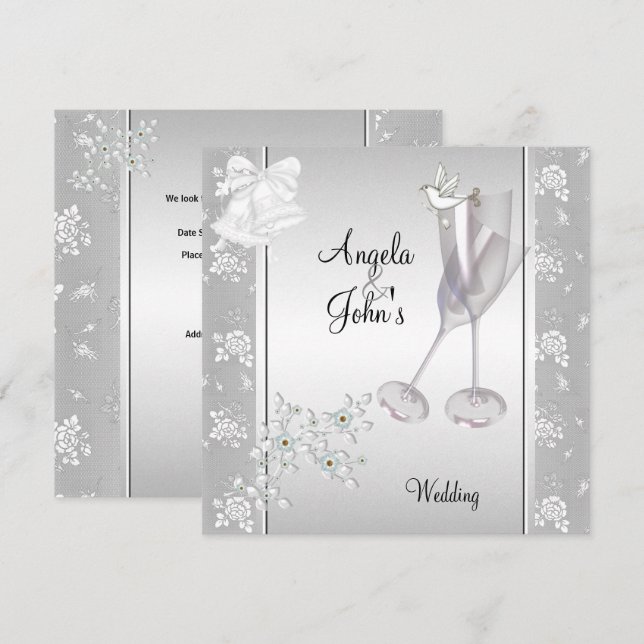 Invitación Boda Elegante Plata Blanco Encaje Floral (Anverso / Reverso)