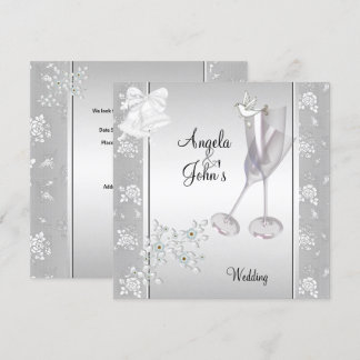 Invitación Boda Elegante Plata Blanco Encaje Floral