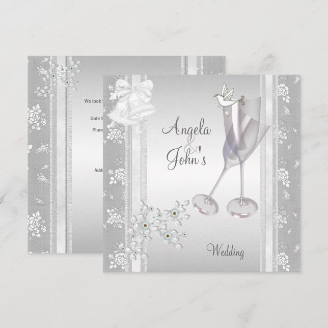 Invitación Boda Elegante Plata Floral de encaje blanco (Anverso / Reverso)
