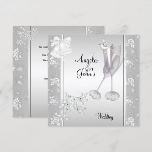 Invitación Boda Elegante Plata Floral de encaje blanco