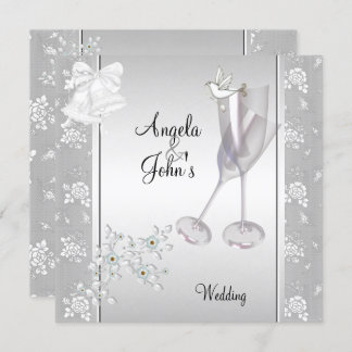 Invitación Boda Elegante Plata Floral de encaje blanco