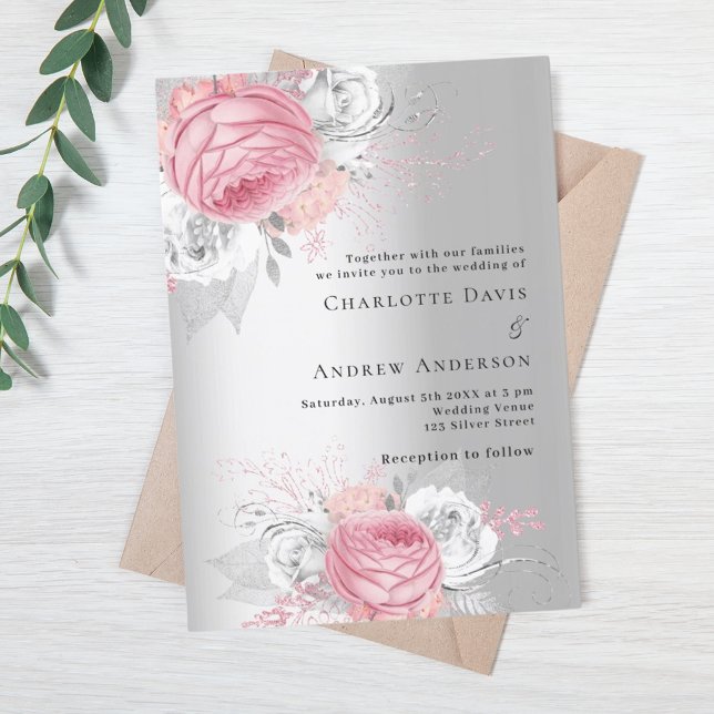 Invitación Boda elegante plateada de florines rosados (Subido por el creador)