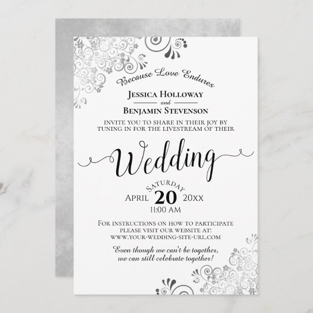 Invitación Boda elegante plateado, negro y blanco en vivo (Anverso / Reverso)