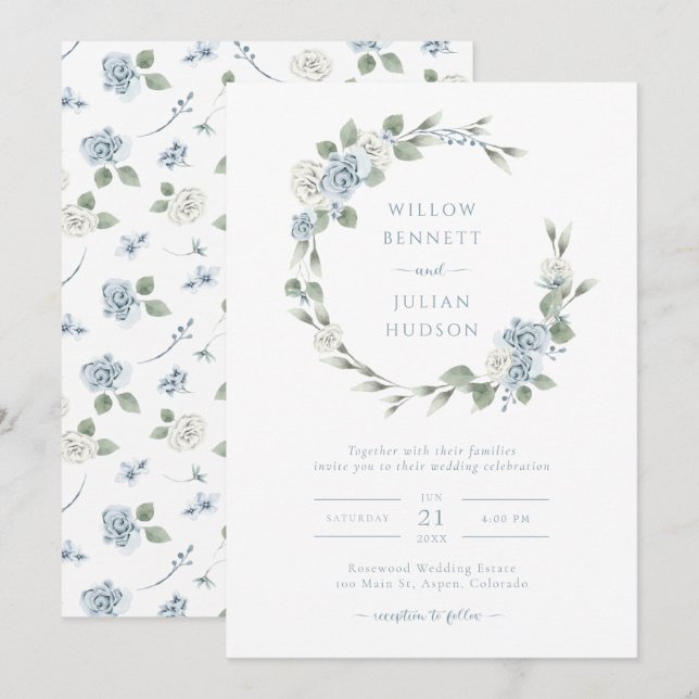 Invitación Boda elegante polvorienta azul (Anverso / Reverso)