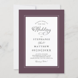 Invitación Boda elegante púrpura y blanca Caligrafía moderna