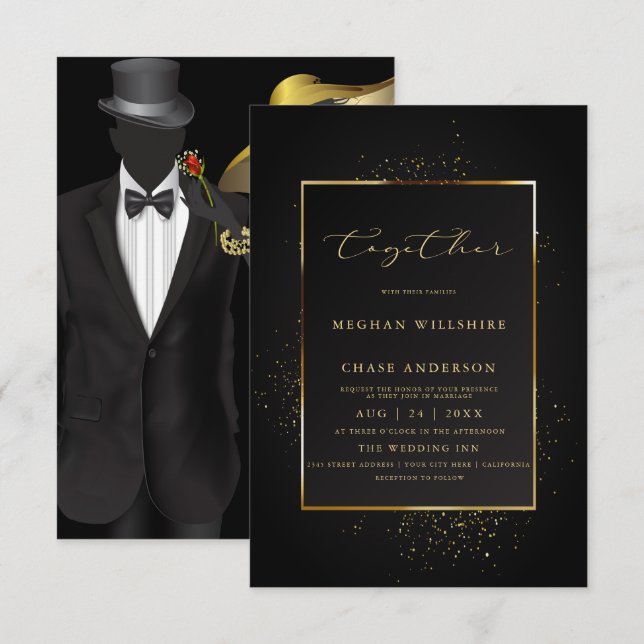 Invitación BODA | Elegante Purpurina negro y oro (Anverso / Reverso)