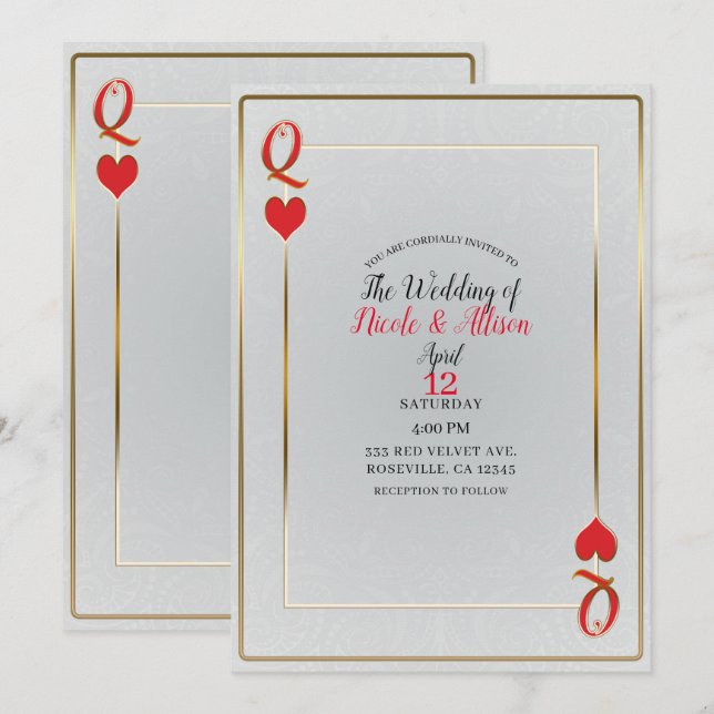 Invitación Boda elegante Reina de Corazones oro blanco y rojo (Anverso / Reverso)
