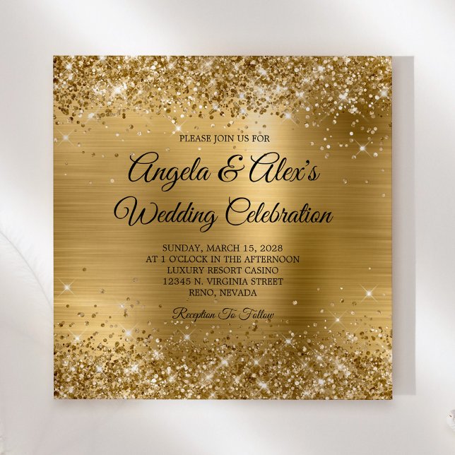 Invitación Boda elegante Relieve metalizado dorado Purpurinos (Square Invite)