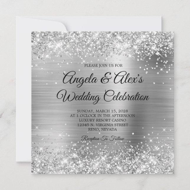 Invitación Boda elegante Relieve metalizado plateado Purpurin (Anverso)