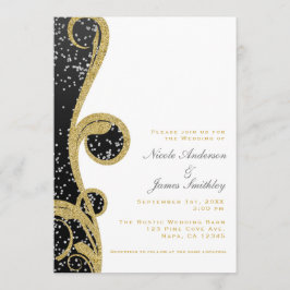 Invitación Boda Elegante Remolino Blanco Plata Dorado Negro