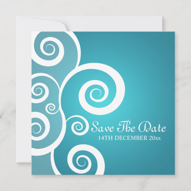 Invitación Boda Elegante Remolinos Blancos Azules (Anverso)
