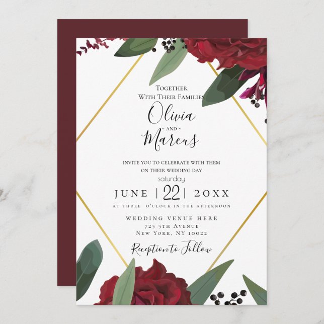 Invitación BODA | Elegante rico Borgoña Marsala Rojo Floral (Anverso / Reverso)