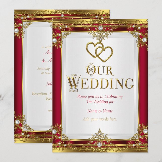 Invitación Boda Elegante Rojo Dorado Blanco Dorado (Anverso / Reverso)