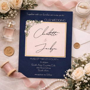 Invitación Boda elegante romántica de tulipanes rosados y azu