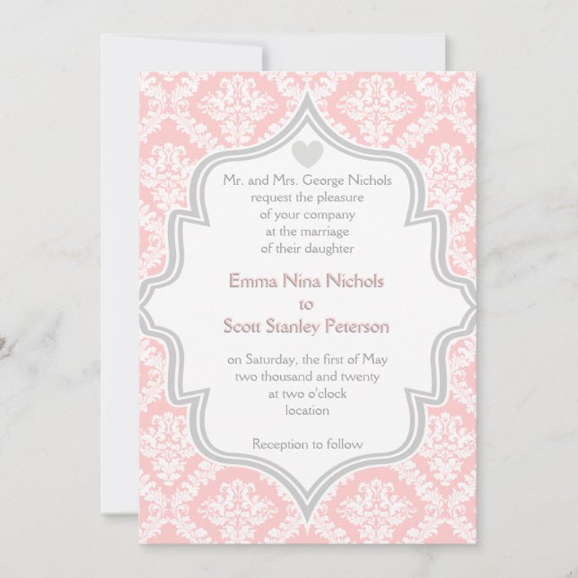 Invitación Boda elegante rosa, blanca y gris damasco (Anverso)