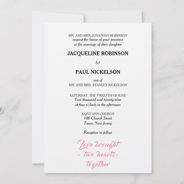 Invitación Boda elegante rosa blanco dos corazones (Anverso)