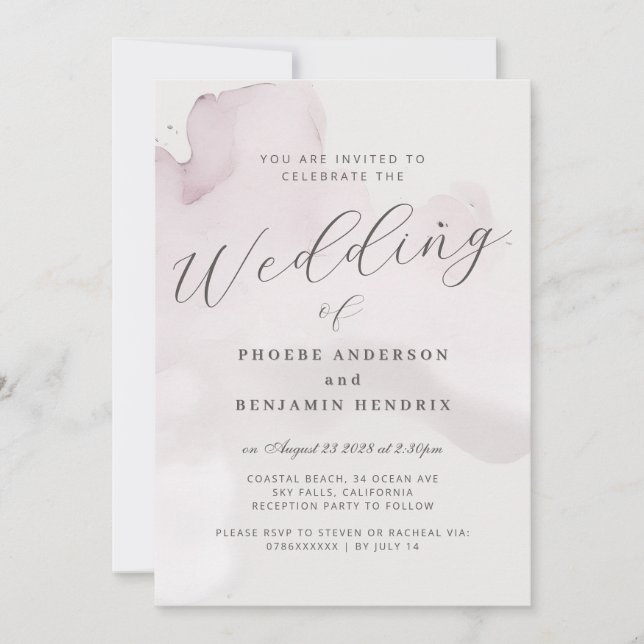 Invitación Boda Elegante Rosa de Acuarela Costera (Anverso)