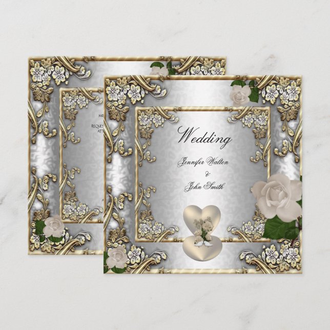 Invitación Boda elegante rosa dorada plata blanca (Anverso / Reverso)