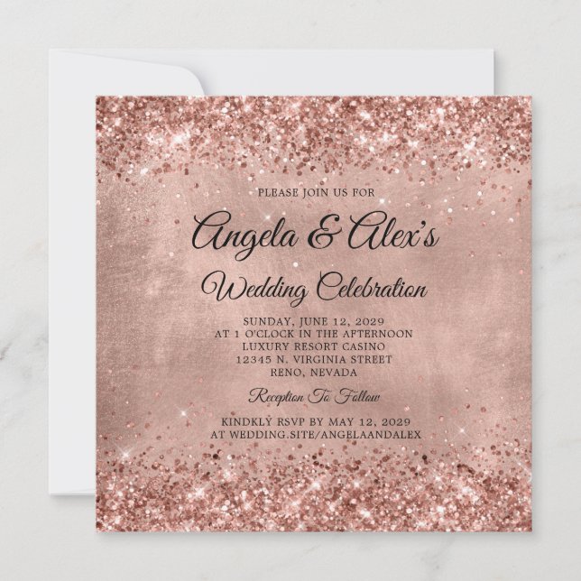 Invitación Boda elegante rosa dorado con brillo (Anverso)