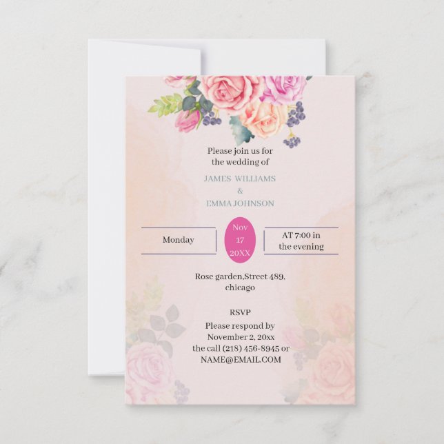Invitación Boda  elegante Rosa flor (Anverso)