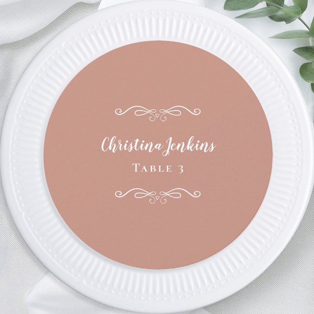 Invitación Boda Elegante Rosa Gold Round Guest Place Card (Wedding Elegant Pink Blush White Round Custom Guest Dinner Table Place Card)
