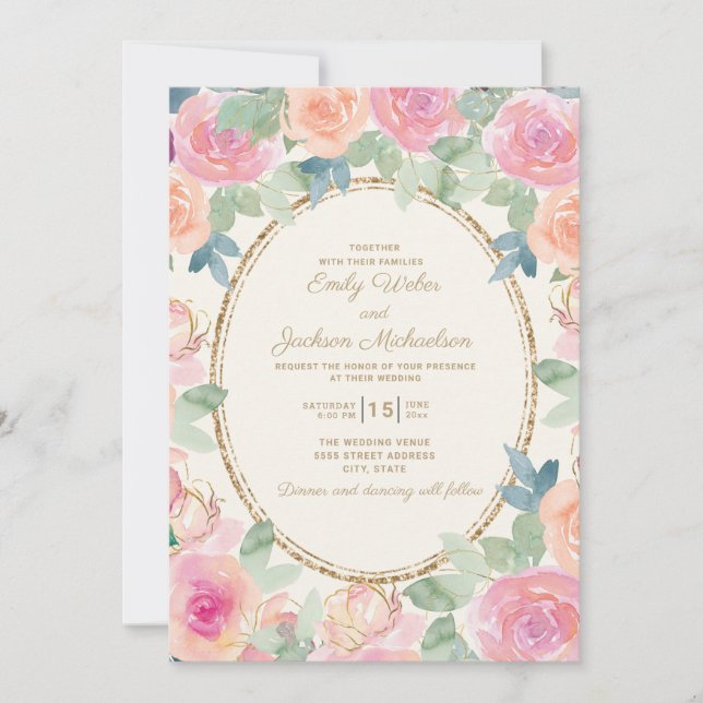 Invitación Boda elegante rosa melocotón acuarela floral oro (Anverso)