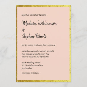 Invitación Boda Elegante Rosa Melocotón y Falso Oro