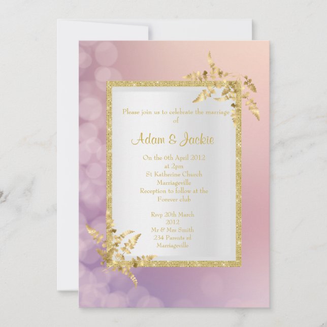 Invitación Boda elegante rosa pastel púrpura hoja de oro (Anverso)