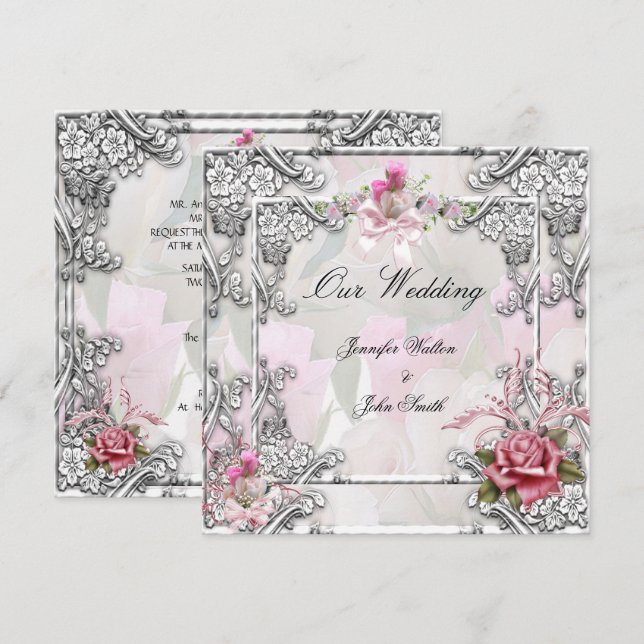 Invitación Boda elegante rosa rosa plata blanca (Anverso / Reverso)