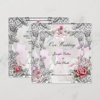 Invitación Boda elegante rosa rosa plata blanca