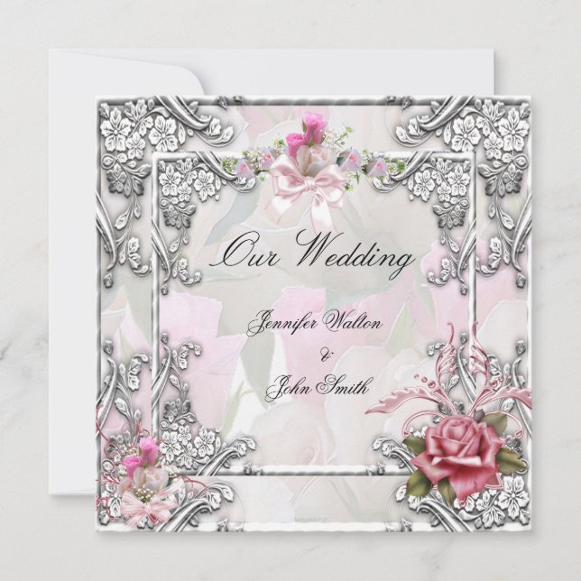 Invitación Boda elegante rosa rosa plata blanca (Anverso)