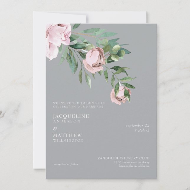 Invitación Boda elegante rosa y gris sin padres (Anverso)
