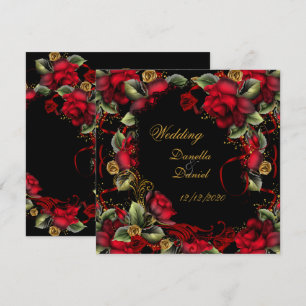 Invitación Boda elegante rosas rojas oro negro A