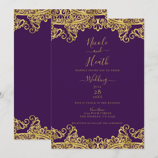Invitación Boda elegante Royal Purple & Gold Lace (Anverso / Reverso)
