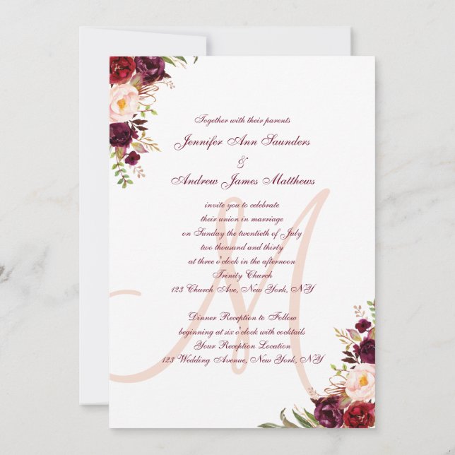 Invitación Boda elegante Rubor del monograma floral de (Reverso)