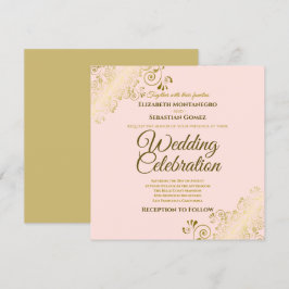 Invitación Boda elegante Rubor Pink Square Gold Filigree